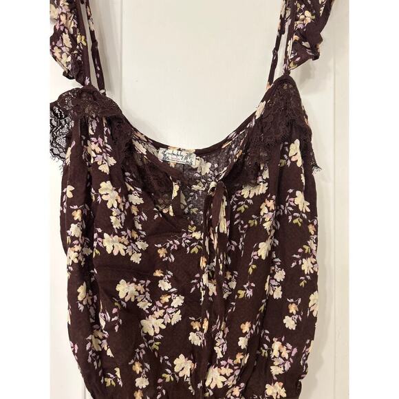 Intimately Free People Chocolate Brown Floral Ruffle Strap Tank Bodysuit Size XS - Picture 8 of 15